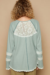 POL Round Neck Long Sleeve Lace Trim Thermal Top OutfitFlow